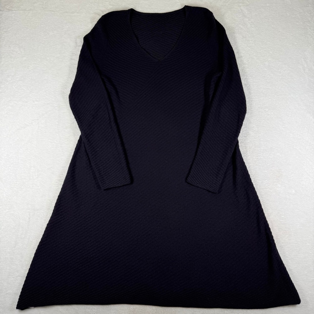Eileen Fisher 100% Merino Wool V-Neck Ribbed A-Line Sweater Dress Navy Black